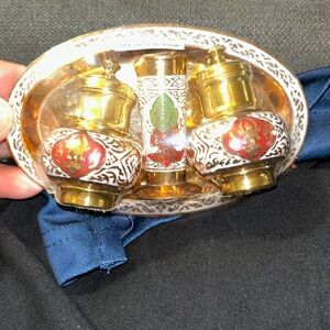 NWT brass enamel salt & pepper shakers,tray,toothpick holder